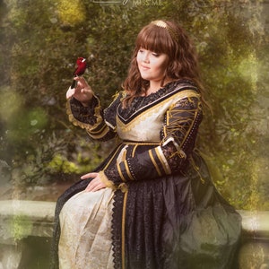 Italian renaissance dress Lucrezia Borgia, historical wedding gown, fantasy ball, venice carnival costume plus size, black and gold