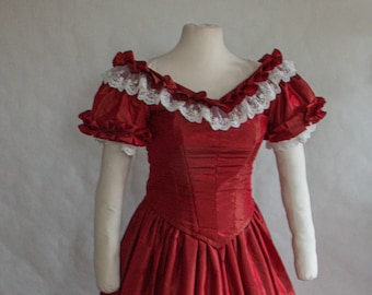 1840 Ballkleid aus roter Seide, historisches Kostüm Biedermeier, viktorianische Zeit Krinolinenkleid, Größe L für große Frauen