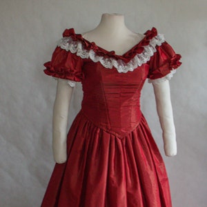 1840s ballgown red silk for tall women with lace, historical masquerade costume size L, early victorian evening wear romantic