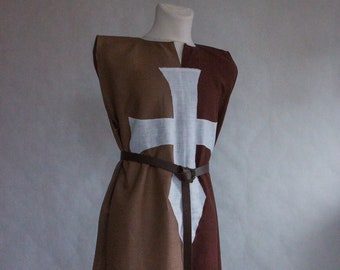 medieval fantasy tabard in brown linen white cross, crusader surcoat for knight, larp costume for men, size L-XXL