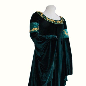 elven bride dress, fantasy wedding gown with long sleeves, medieval handfasting fairytale green gold velvet size L