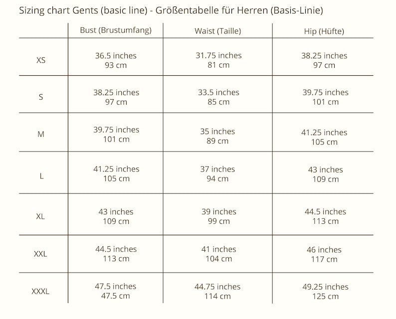 Puede incluir: Una tabla de tallas de ropa titulada Sizing chart Gents (basic line) - Gr&ouml;&szlig;entabelle f&uuml;r Herren (Basis-Linie). La tabla enumera tallas desde XS hasta XXXL con las medidas correspondientes de busto, cintura y cadera en pulgadas y cent&iacute;metros.