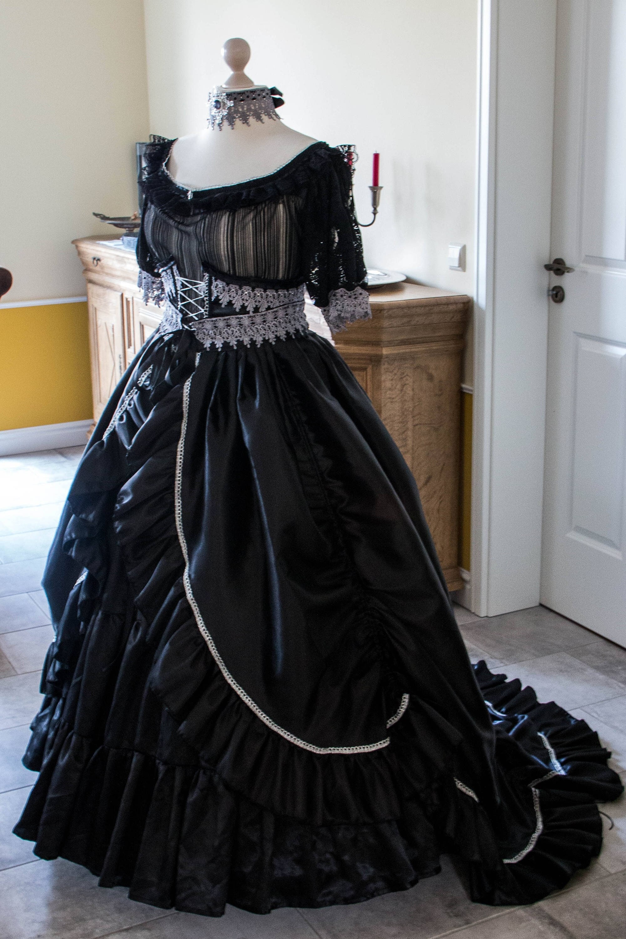 white christmas dresses NumberSea-A-Line Evening Gown Black Dress Plus Size Formal Masquerade Court Train Long Sleeve V Neck Wednesday Addams Family Chiffon with Buttons Slit