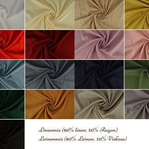 Puede incluir: Una colecci&oacute;n de muestras de tela en veinte colores diferentes, cada una con una textura en espiral. El texto en la parte inferior dice: Linenmix (80% linen, 20% Rayon) Leinenmix (80% Leinen, 20% Viskose). Los colores incluyen blanco, crema, beige, oro, rojo, granate, rosa, rosa viejo, azul, gris, negro, oliva, verde oscuro, marr&oacute;n y morado.