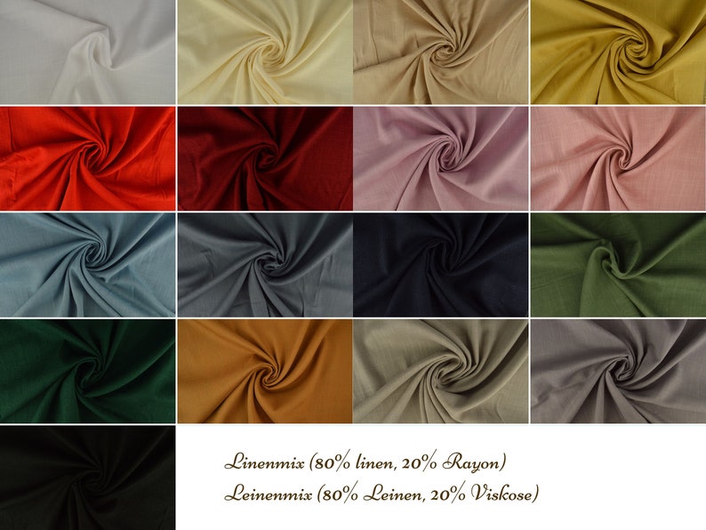 Puede incluir: Una colecci&oacute;n de muestras de tela en veinte colores diferentes, cada una con una textura en espiral. El texto en la parte inferior dice: Linenmix (80% linen, 20% Rayon) Leinenmix (80% Leinen, 20% Viskose). Los colores incluyen blanco, crema, beige, oro, rojo, granate, rosa, rosa viejo, azul, gris, negro, oliva, verde oscuro, marr&oacute;n y morado.