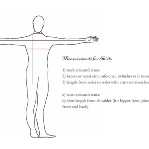 Puede incluir: Un dibujo lineal en blanco y negro de una figura humana con los brazos extendidos, que ilustra los puntos de medici&oacute;n para camisas. El texto incluye: Measurements for Shirts, 1) neck circumference, 2) breast or waist circumference, 3) length from wrist to wrist.