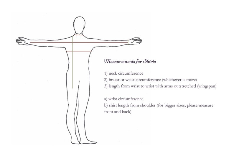 Puede incluir: Un dibujo lineal en blanco y negro de una figura humana con los brazos extendidos, que ilustra los puntos de medici&oacute;n para camisas. El texto incluye: Measurements for Shirts, 1) neck circumference, 2) breast or waist circumference, 3) length from wrist to wrist.