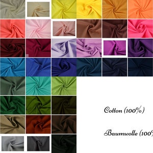 Puede incluir: Una cuadr&iacute;cula de muestras de tela en una amplia variedad de colores s&oacute;lidos, incluyendo tonos de rojo, azul, verde, amarillo, naranja, rosa, morado, marr&oacute;n, gris y negro. El texto Cotton (100%) y Baumwolle (100%) est&aacute; impreso a la derecha.