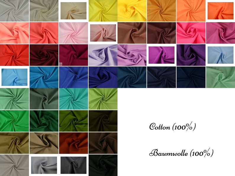 Puede incluir: Una cuadr&iacute;cula de muestras de tela en una amplia variedad de colores s&oacute;lidos, incluyendo tonos de rojo, azul, verde, amarillo, naranja, rosa, morado, marr&oacute;n, gris y negro. El texto Cotton (100%) y Baumwolle (100%) est&aacute; impreso a la derecha.