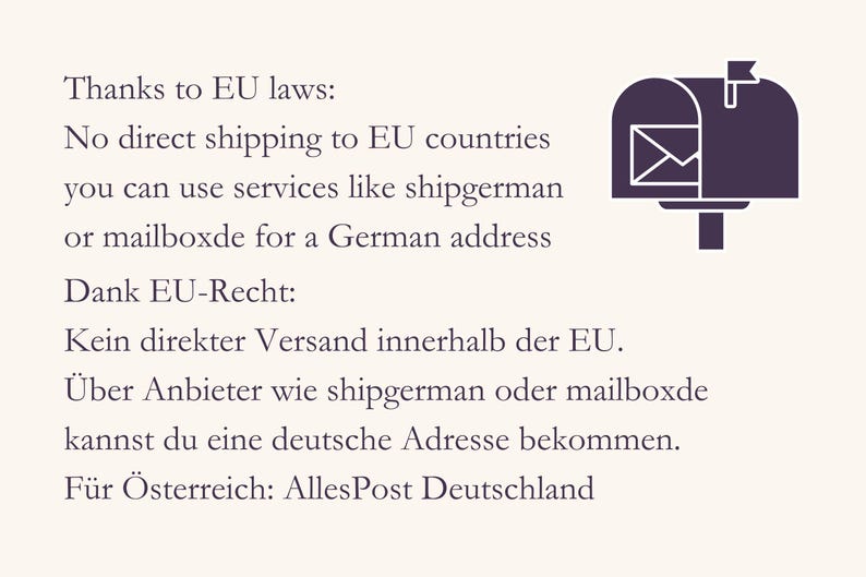 Puede incluir: Un icono de color morado oscuro de un buz&oacute;n con una bandera levantada y un sobre en su interior, acompa&ntilde;ado de texto en ingl&eacute;s y alem&aacute;n sobre las pol&iacute;ticas de env&iacute;o a pa&iacute;ses de la UE, incluyendo menciones a servicios.