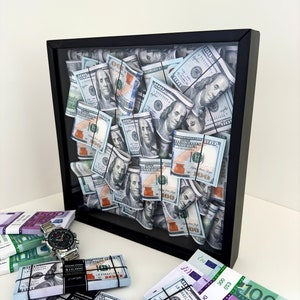 Geldkunst – 3D-Bargeldanzeige im schwarzen Rahmen, Dekor für finanziellen Erfolg, High Roller-Geschenk für Unternehmer und Investoren