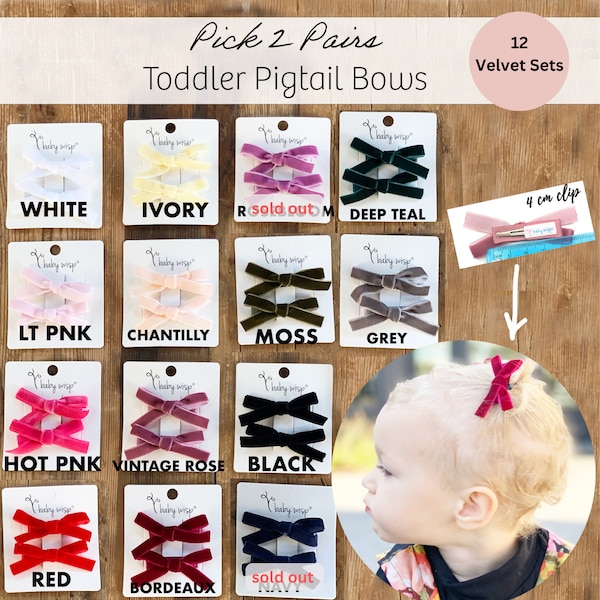 Baby Wisp® ,Pick 2 Pairs, Velvet Hair Bow, Velvet Hair Bow Clip, Velvet Bow, Toddler Bow Hair Clip, Pigtails Baby Hair Bows, Alligator Clips