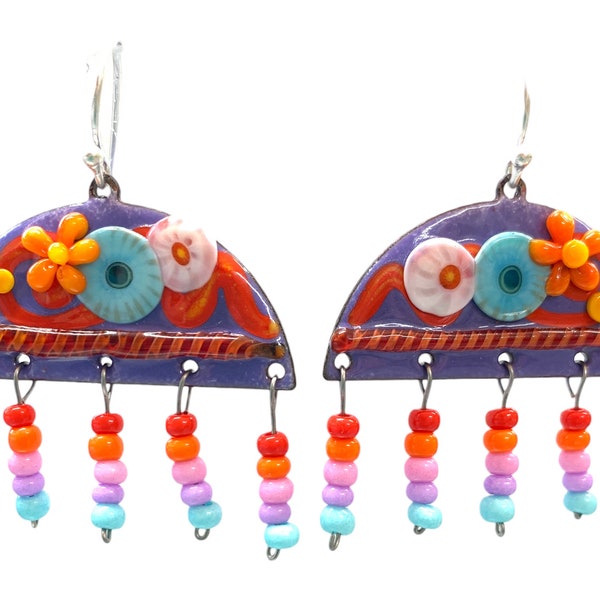 Boho style Earrings, Enamel and Glass on Copper Earring, Colorful jewelry, Ear Wires sterling silver,  Bea Stoertz