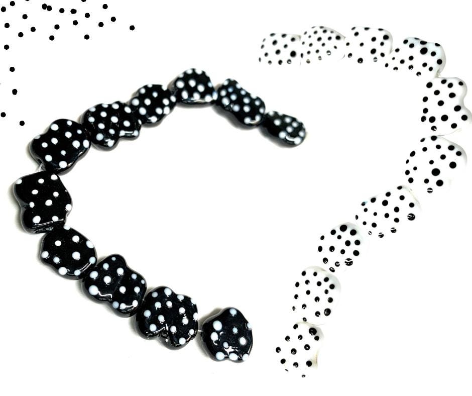 Black and White Polka Dot Glass Beads – Handmade, Organic Shapes, 10-12mm, Unique Beads for Creative Jewelry Making, 10 Beads per Strand