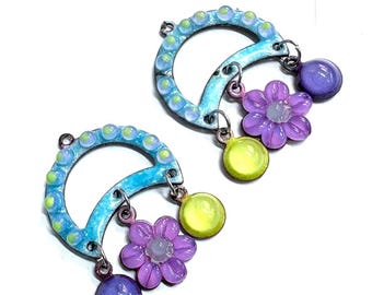 Enameled Copper Floral Earring Charms: Handmade Jewelry Supplies (25x15mm, Pair)