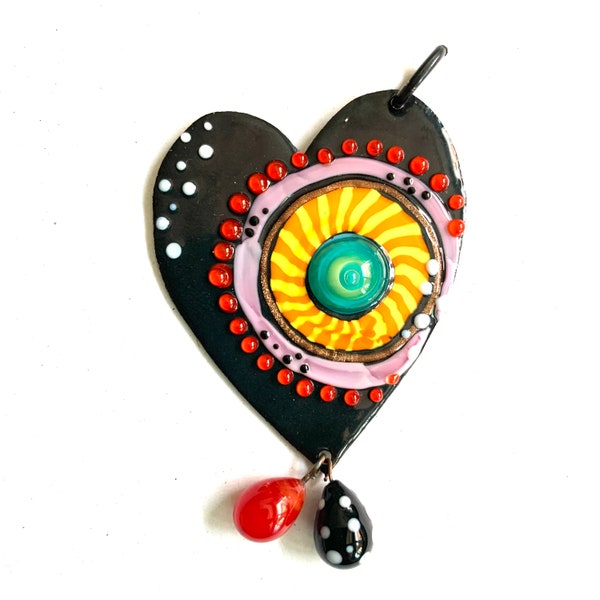 Round Pendant with lampwork on enameled copper by Bea Stoertz, Runder Anhänger aus Emaille und Glas