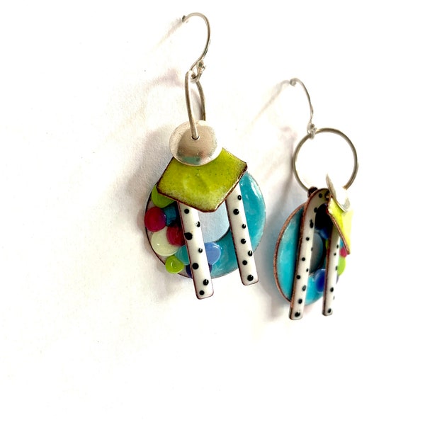 Boho style Earrings, Enamel and Glass on Copper Earring, Colorful jewelry, Ear Wires sterling silver,  Bea Stoertz