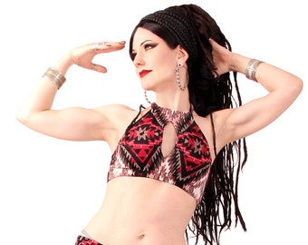 Bellydance Top, A, B, C, D or DD Cup, Black and Red , Contortion, Dance, Costume, Halter, Tribal, Fusion, Bra, Dark Boutique