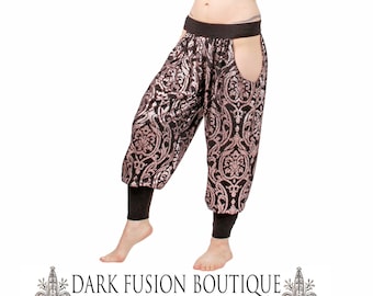 Pantaloons, YOUR SIZE, Hip Cut-Outs, Rose Gold Glitter on Black, Tribal, Bellydance, Indian Inspired, Hip Hop, Dark Fusion Boutique