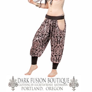 Pantaloons, YOUR SIZE, Hip Cut-Outs, Rose Gold Glitter on Black, Tribal, Bellydance, Indian Inspired, Hip Hop, Dark Fusion Boutique image 1