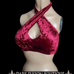 Bellydance Top, A, B, C, D, or DD Cup, Red Stretch Velvet, Contortion, Dance, Costume, Halter, Tribal, Fusion, Bra, Dark Boutique
