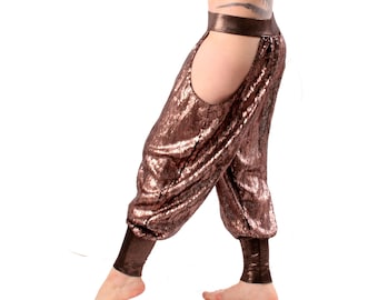 Pantaloons, LAST PAIR, Sequin Rose Gold, Hip Cut-Outs, Tribal, Bellydance, Indian Inspired, Hip Hop, Dark Fusion Boutique