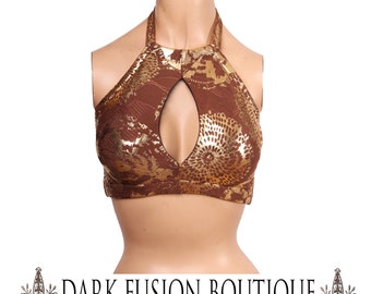 Keyhole Top,  A, B, C or D, Gold and Warm Brown, Contortion, Shiny, Bellydance, Dance, Costume, Halter, Tribal, Bra, Dark Fusion Boutique