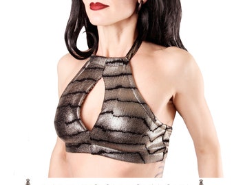 Keyhole Top,  A, B, C, D or DD , Silver and Black, Contortion, Bellydance, Dance, Costume, Halter, Tribal, Bra, Robot, Dark Fusion Boutique