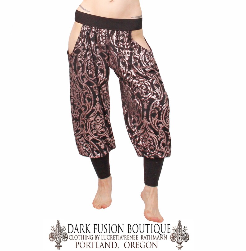 Pantaloons, YOUR SIZE, Hip Cut-Outs, Rose Gold Glitter on Black, Tribal, Bellydance, Indian Inspired, Hip Hop, Dark Fusion Boutique image 2