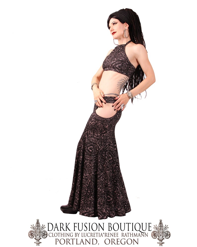 Skirt, Black and Dark Earthy Pink, Mermaid, Stretchy, Tribal, Fusion Bellydance, Cabaret, Goth, Cocktail, Boutique image 3