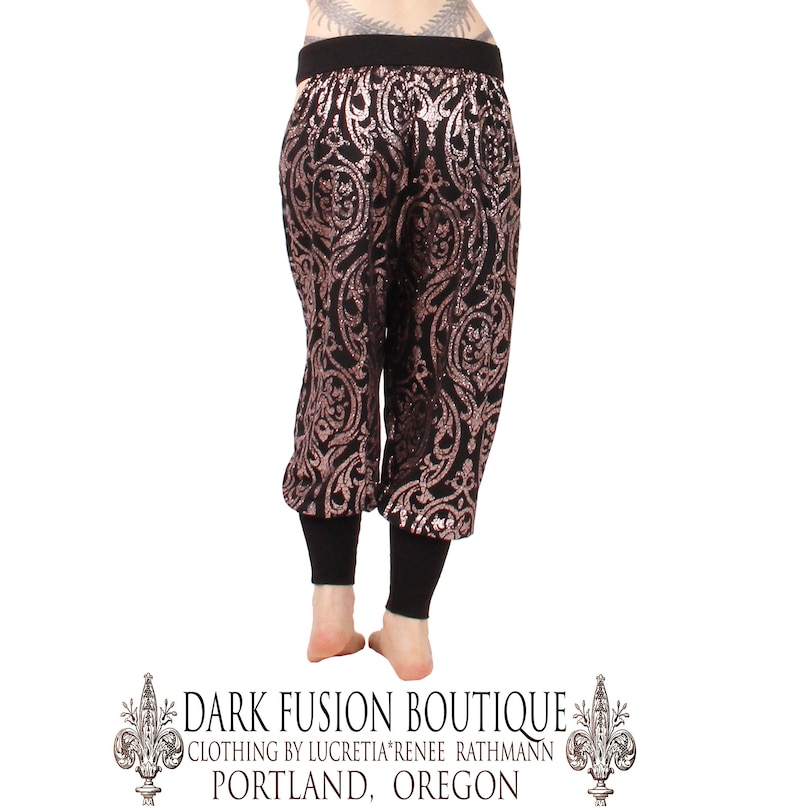 Pantaloons, YOUR SIZE, Hip Cut-Outs, Rose Gold Glitter on Black, Tribal, Bellydance, Indian Inspired, Hip Hop, Dark Fusion Boutique image 4