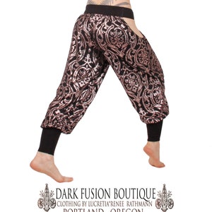 Pantaloons, YOUR SIZE, Hip Cut-Outs, Rose Gold Glitter on Black, Tribal, Bellydance, Indian Inspired, Hip Hop, Dark Fusion Boutique image 3