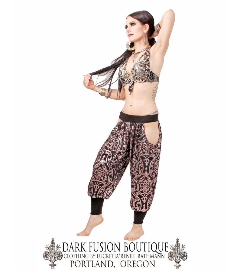 Pantaloons, YOUR SIZE, Hip Cut-Outs, Rose Gold Glitter on Black, Tribal, Bellydance, Indian Inspired, Hip Hop, Dark Fusion Boutique image 1