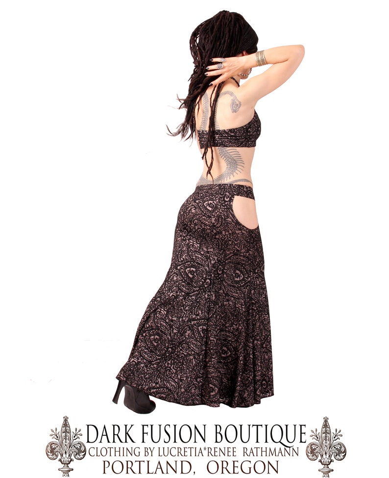 Skirt, Black and Dark Earthy Pink, Mermaid, Stretchy, Tribal, Fusion Bellydance, Cabaret, Goth, Cocktail, Boutique image 6