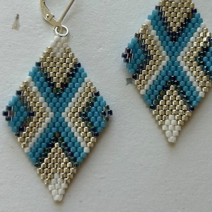 bold geometric diamond shaped Miyuki delica retro style brick stitch earrings in blue-silver-white