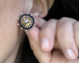 silver, black, gold beaded mandalas with sprockets on post earrings - sterling and Japanese glass seed beads, Czech crystals, hand-stitched