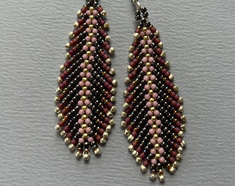 pink, mauve, gold, black and silver and gold feather fringe beaded earrings in on sterling lever back ear wires