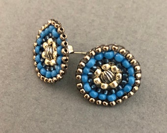 blue mandala beaded post earrings - azure blue, silver and stainless steel seed beads, stitched by hand