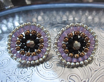 milky amethyst, copper bronze, black and silver beaded mandala earrings