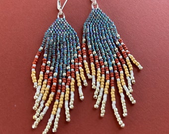 blue, red, yellow, silver, white beaded fringe earrings with sterling lever backs