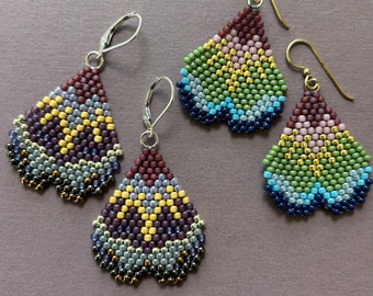 Gingko leaf brick stitched seed bead earrings in green-gold or purple-silver