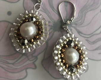 mandala pearl focal beaded earrings on sterling lever backs