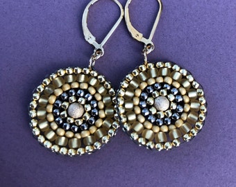 Mandala earrings - gold on gold satin with silver and steel gray glass Japanese seed beads, stitched by hand