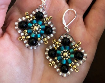 diamond medallion mandala earrings in turquoise, black, silver, gold