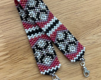 Pink, black, silver, white, lavender 5-color brick stitch beaded cuff bracelet - 7.25 inches