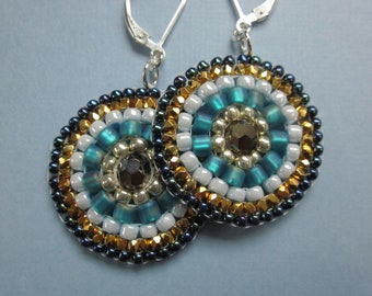 mandala earrings of turquoise, gold, powder blue and black seed beads and crystals