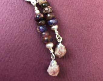 mixed gemstone bar and nugget leverback earrings with rhodonite, tourmaline, jasper, pearl on sterling