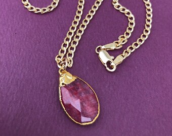 gold-edged flat faceted ruby briolette pendant necklace on gold-filled flat-link curb chain