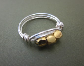 gold nugget in sterling wire wrap finger ring