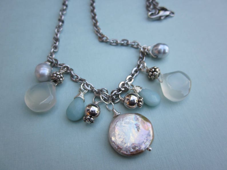 sterling wirework and stainless steel chain amazonite Mermaid cluster necklace with pearls chalcedony